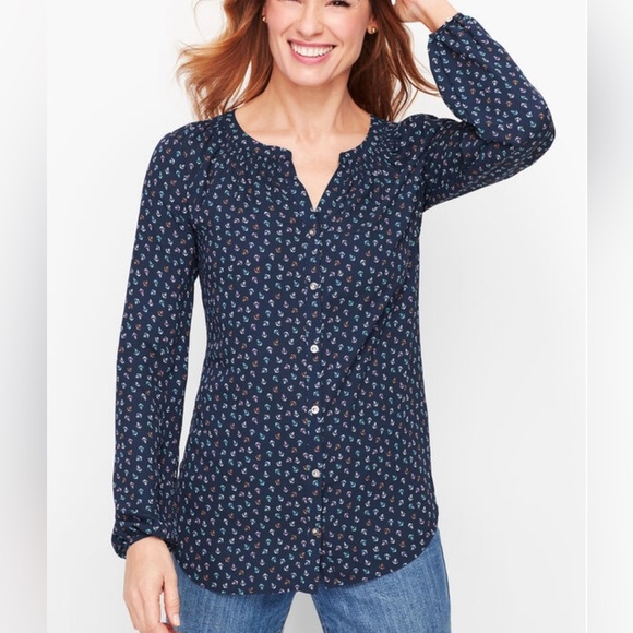 Talbots|Tossed Anchor Top, Long Sleeve Chiffon, Size 1x•••Beachy, Nautical Vibes - Picture 1 of 12